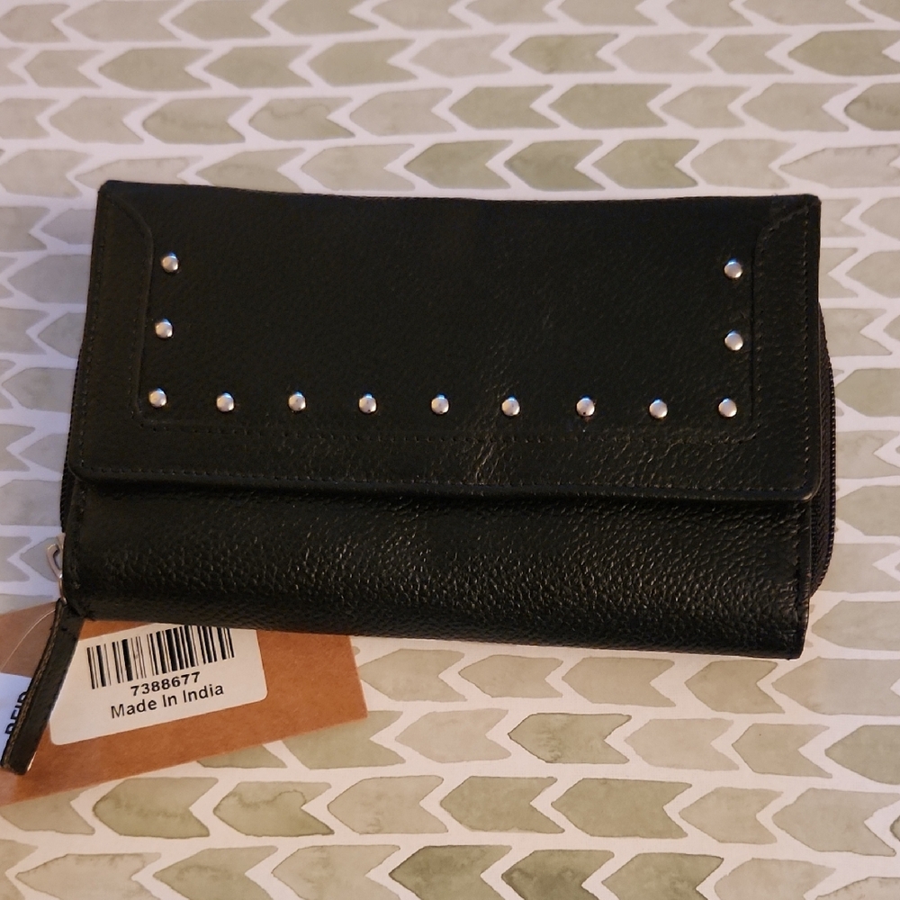 Black Pebbled Leather Studded Women's Wallet